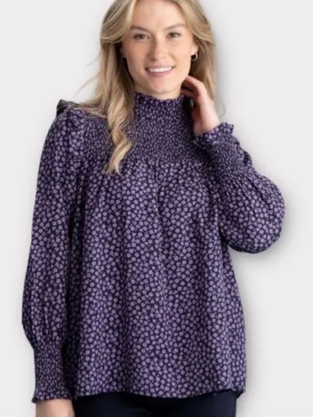 Barbour Purple Floral Smocked-Neck Puff Sleeve Blouse